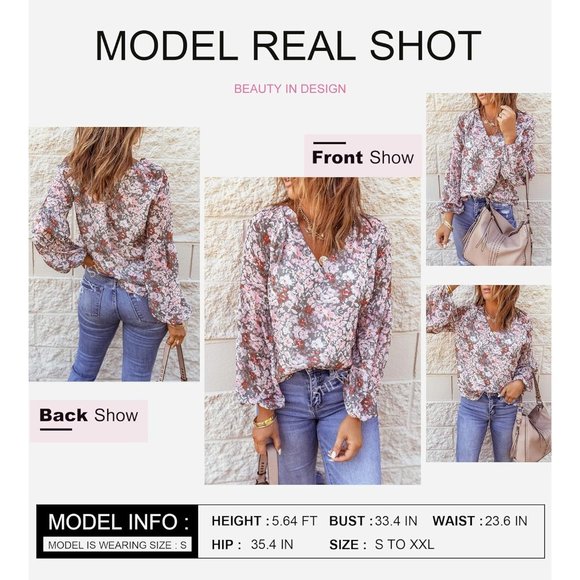 Women's Casual Boho Floral Print V Neck Long Sleeve Loose Blouses Shirts Tops - Picture 4 of 6